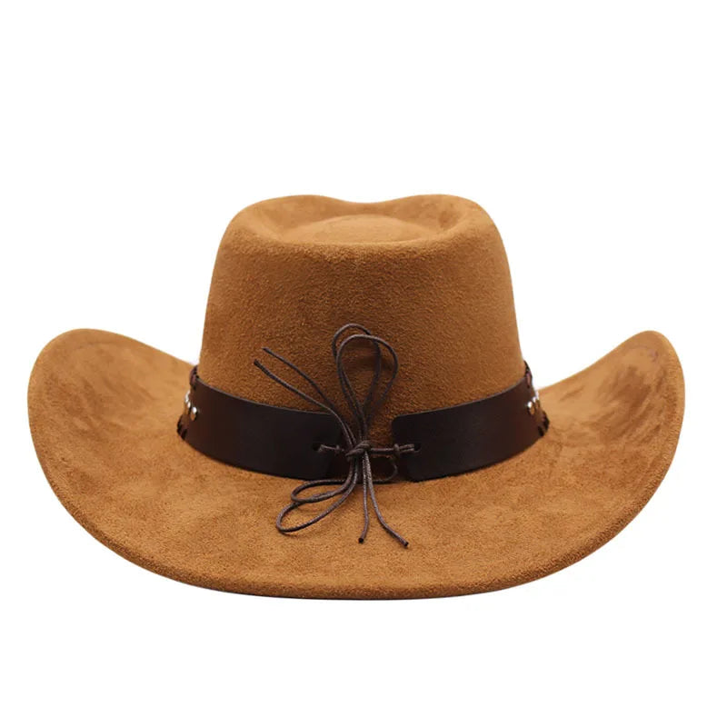 Western cowboy hat with bullhead rivets, curved brim, windproof rope, and felt for outdoor riding and jazz hats