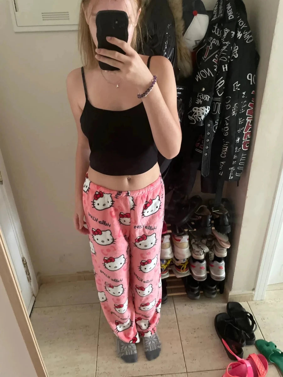 Y2K Hello Kitty Pajamas Pants Sanrio Anime Women's Pajama Pants Cartoon Couple Home Sleepwear Trousers Leisure Home Clothing MANDOTOS