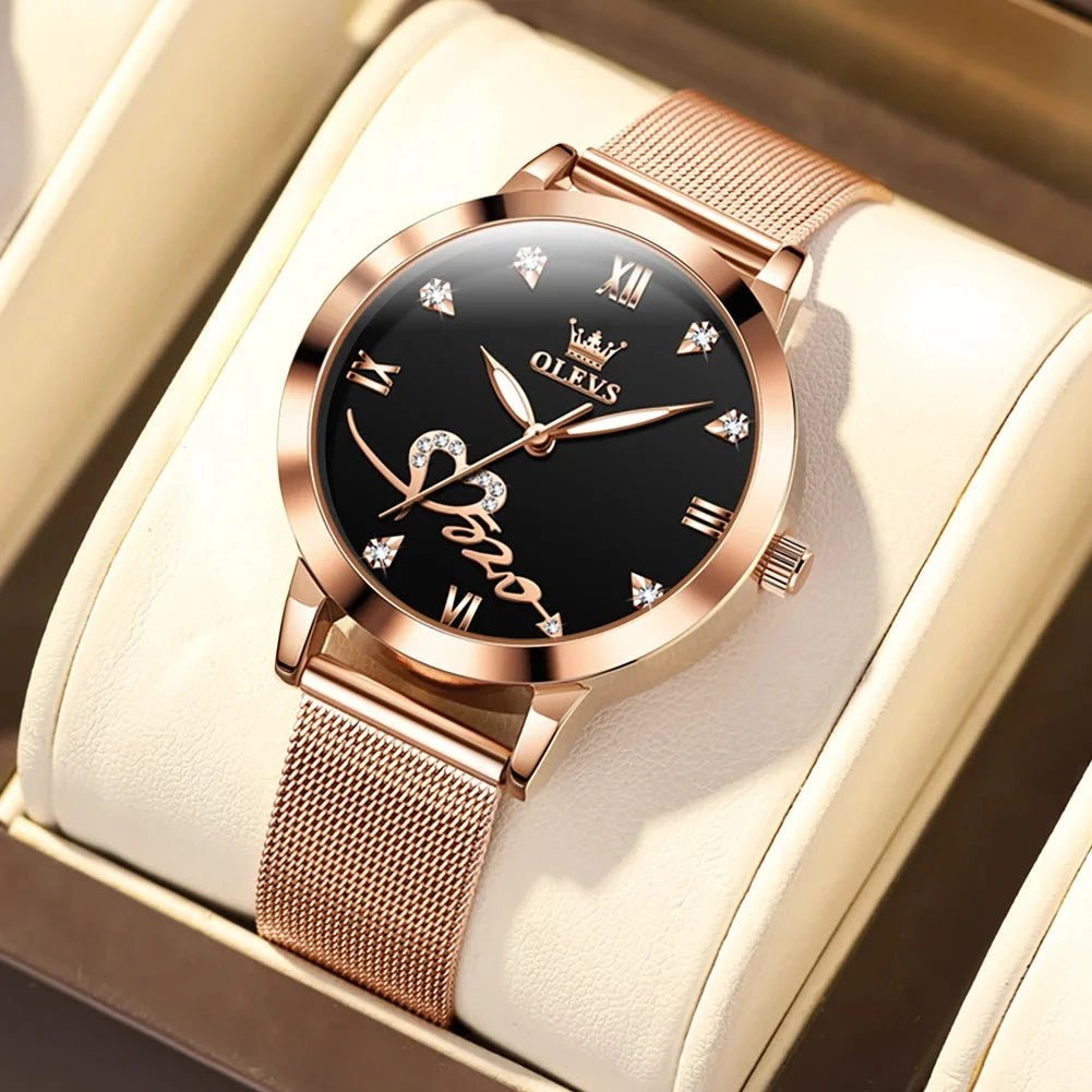 OLEVS Luxury Fashion Ladies' Watches Rose Gold Top Brand Original Quartz Watch for Women Stainless Steel Mesh Strap Love Dial MANDOTOS