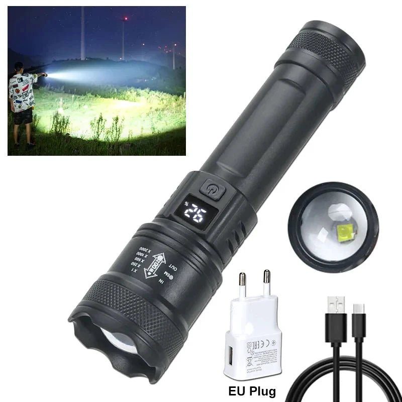High Strong Power Led Flashlights 2000LM Tactical Torch with Display Light USB Charging Camping Fishing Emergency Zoom Lantern MANDOTOS