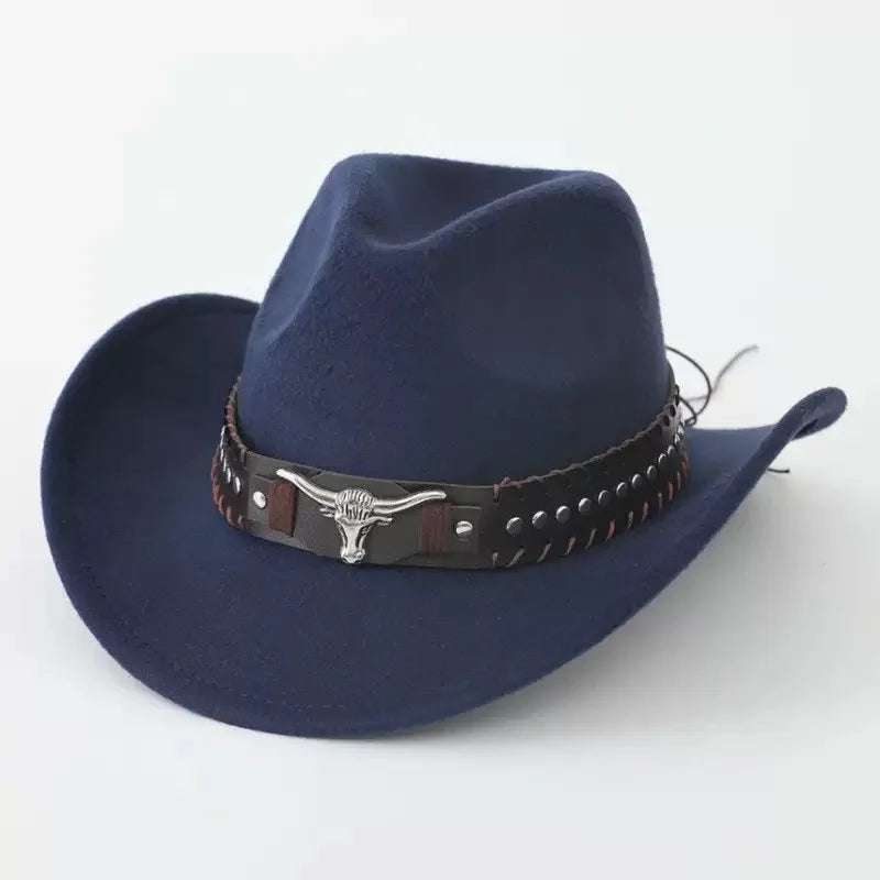 Western cowboy hat with bullhead rivets, curved brim, windproof rope, and felt for outdoor riding and jazz hats