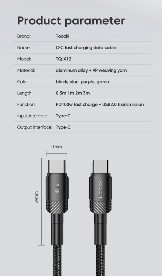 Toocki 100W Type C to USB C Cable PD 3.0 Quick Charge 4.0 Fast Charging Type C to Type C for iPhone 15 Macbook Samsung Xiaomi - MANDOTOS