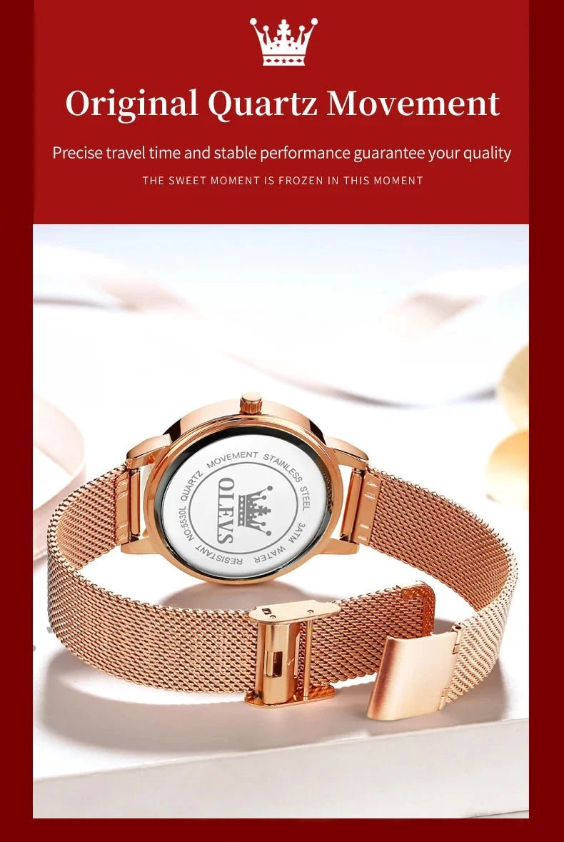 OLEVS Luxury Fashion Ladies' Watches Rose Gold Top Brand Original Quartz Watch for Women Stainless Steel Mesh Strap Love Dial MANDOTOS