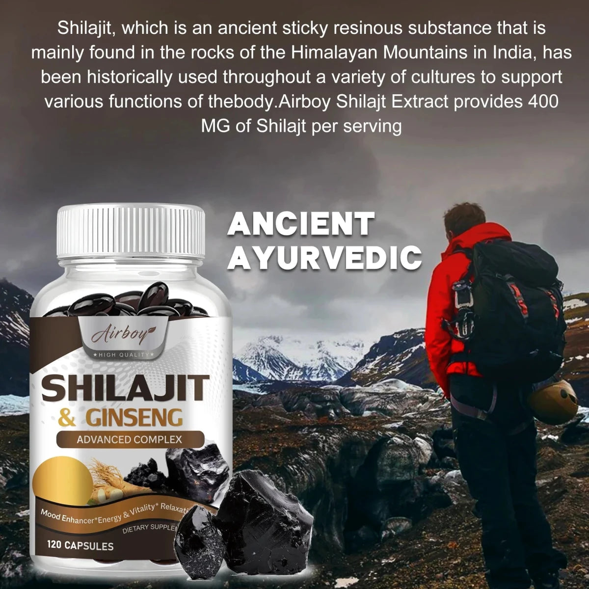 Shilajit & Ginseng Supplement - Provides Energy and Endurance, Enhances Brain & Memory, Immune Support - 120 Capsules MANDOTOS