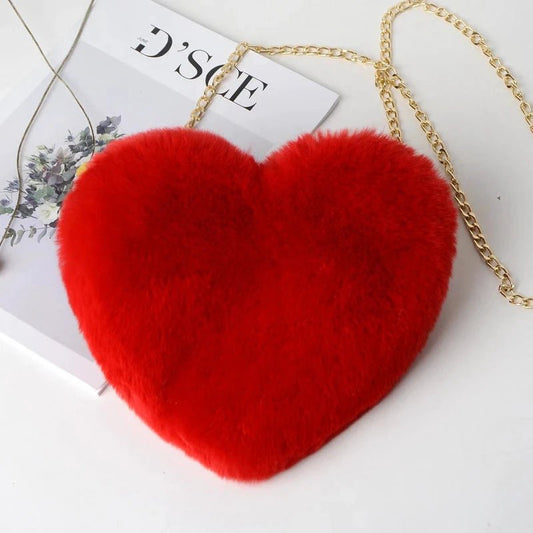 Fashion Women's Heart Shaped Handbags Cute Faux Fur Crossbody Bags Lady Soft Plush Chain Shoulder Bag Shopper Totes - MANDOTOS