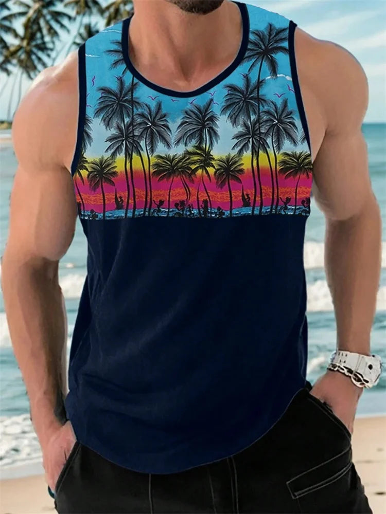 Hawaiian Style Palm Print Men's Tank Top for Summer Beach Trips - MANDOTOS INTERNATIONAL