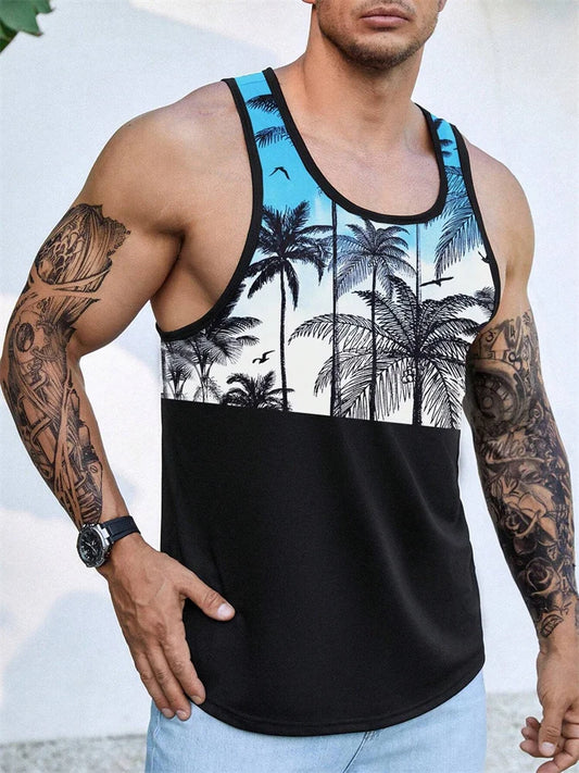 Hawaiian Style Palm Print Men's Tank Top for Summer Beach Trips - MANDOTOS INTERNATIONAL
