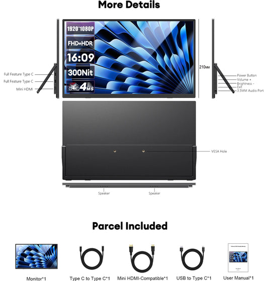 ZEUSLAP 15.6" FHD 100%sRGB 300Nits Ultra thin Back Stand Design Portable Monitor for Phone Gaming Laptop