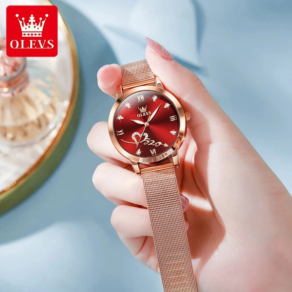 OLEVS Luxury Fashion Ladies' Watches Rose Gold Top Brand Original Quartz Watch for Women Stainless Steel Mesh Strap Love Dial MANDOTOS