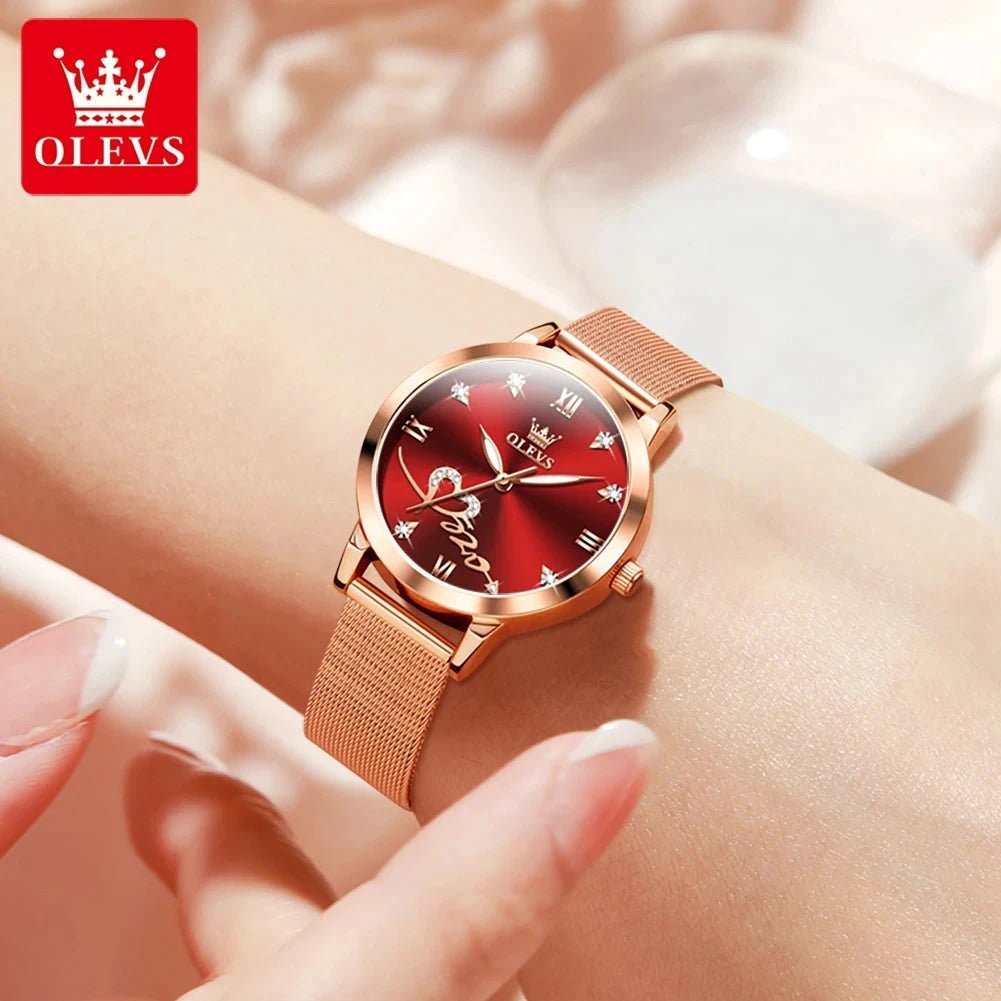 OLEVS Luxury Fashion Ladies' Watches Rose Gold Top Brand Original Quartz Watch for Women Stainless Steel Mesh Strap Love Dial MANDOTOS