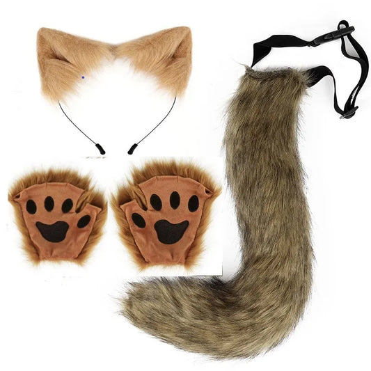 Halloween Party Fox Tail Fox Ears Set Plus Cute Paw Gloves Cosplay Animation Exhibition Character Handmade Plush Props - MANDOTOS
