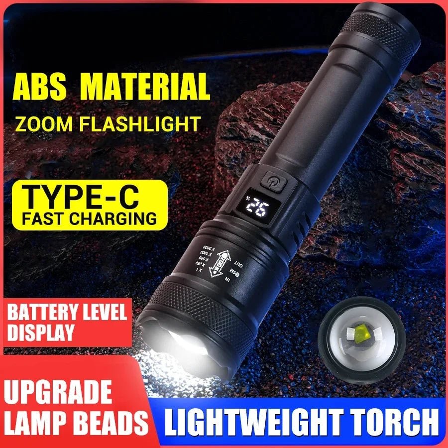 High Strong Power Led Flashlights 2000LM Tactical Torch with Display Light USB Charging Camping Fishing Emergency Zoom Lantern MANDOTOS