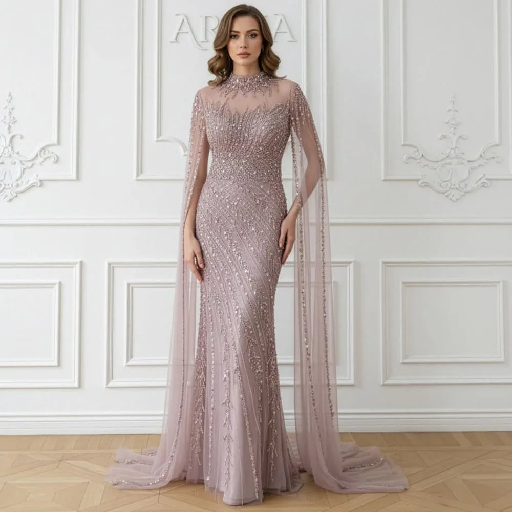 Eshaut&bridal Luxury Beaded Evening Dress Cape Sleeve Dubai Sheer Neck Mermaid Formal Prom Wedding Party Gown Customized 2026