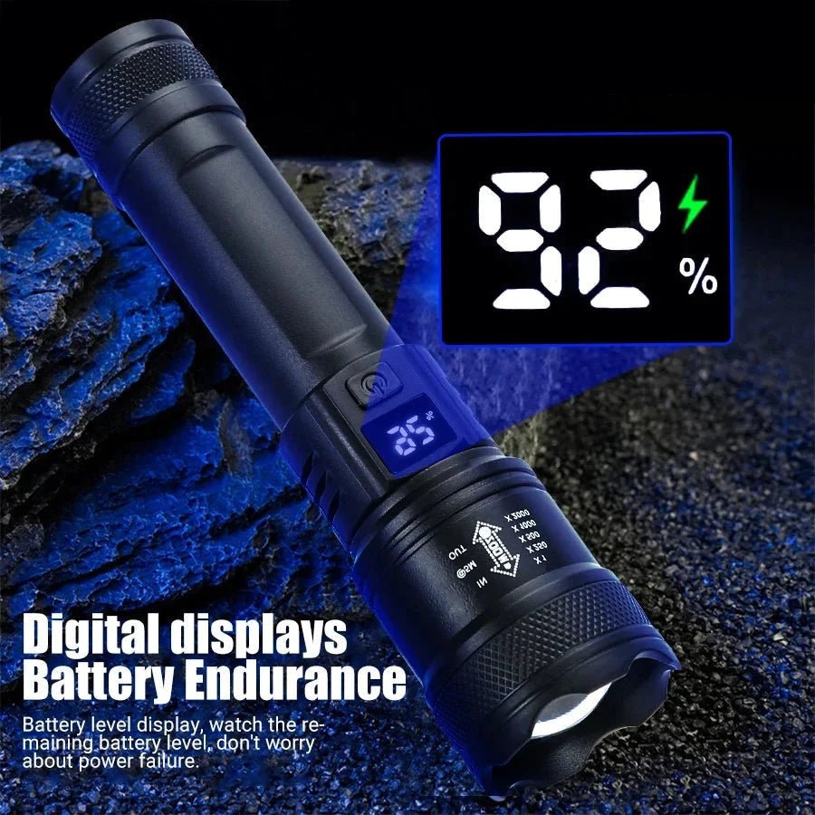 High Strong Power Led Flashlights 2000LM Tactical Torch with Display Light USB Charging Camping Fishing Emergency Zoom Lantern MANDOTOS