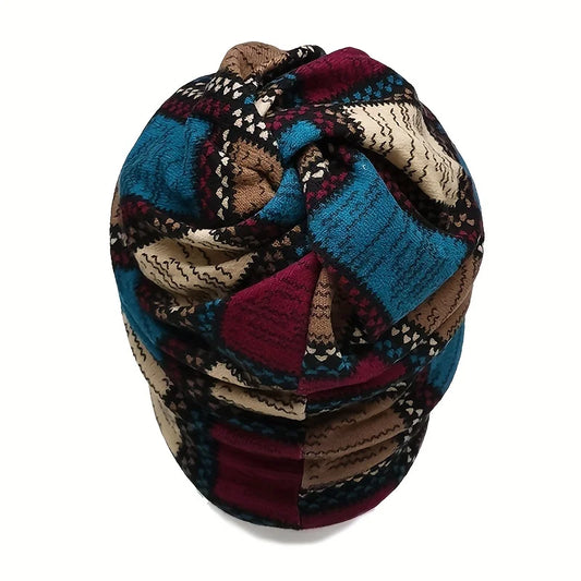 Autumn & Winter Vintage Printed Beanie - Classic Color Block Elastic Slouchy Skull Cap Boho Neck Gaiter Windproof for Women Men