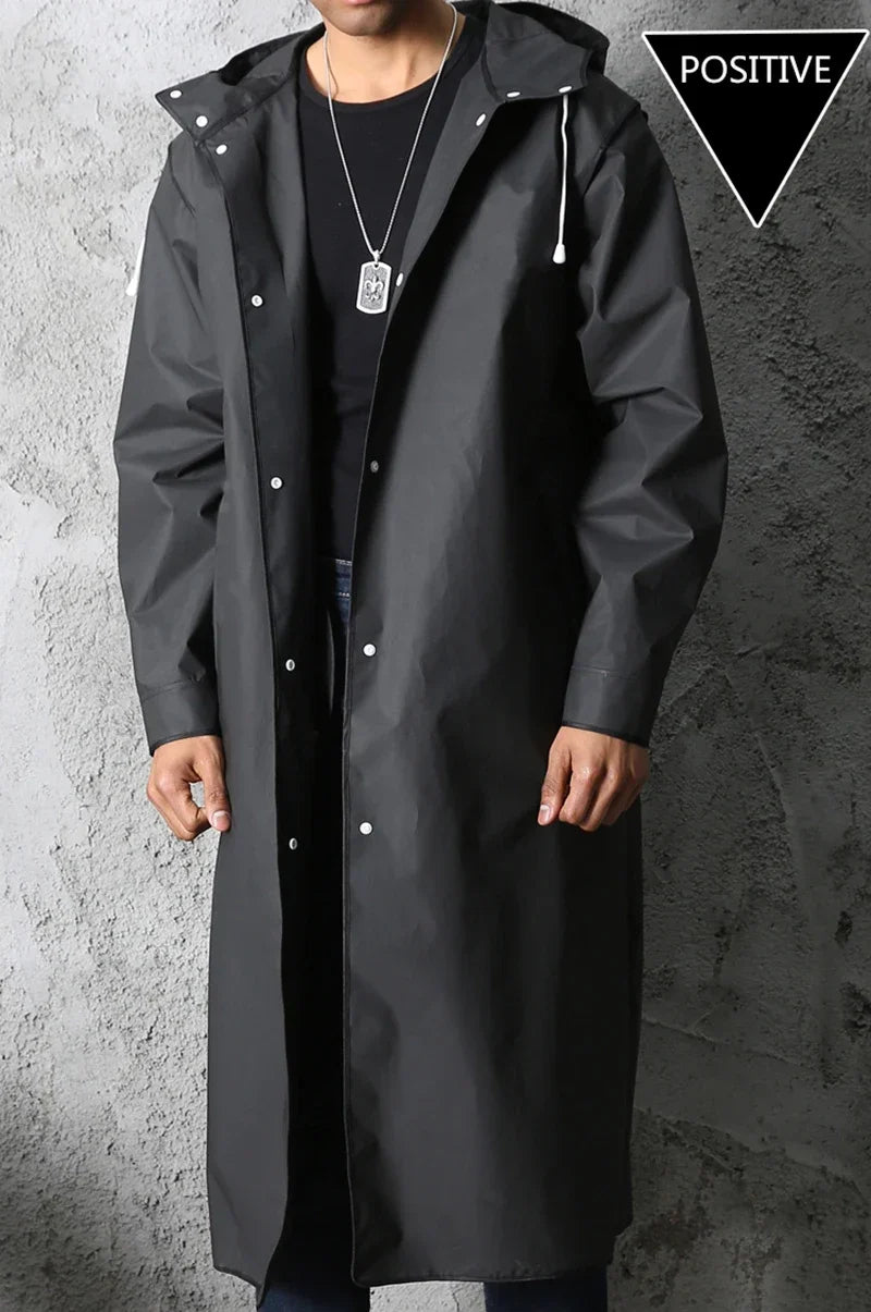 Black Fashion Adult Waterproof Long Raincoat Women's Men's Raincoat Hooded Outdoor Motorcycle, Cycling, Hiking, Fishing