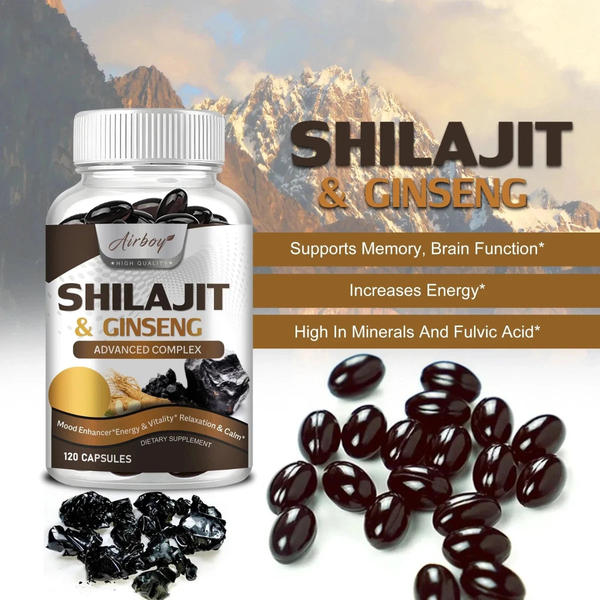 Shilajit & Ginseng Supplement - Provides Energy and Endurance, Enhances Brain & Memory, Immune Support - 120 Capsules MANDOTOS