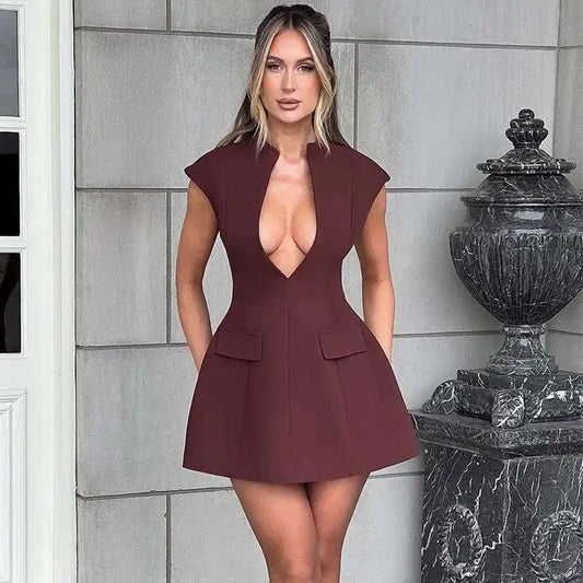 Townlike Pocket Elegant A-line Dress Women Mini 2024 Spring Summer Dress Deep V Neck Nightclub Sexy Party Dresses Vestidos - MANDOTOS
