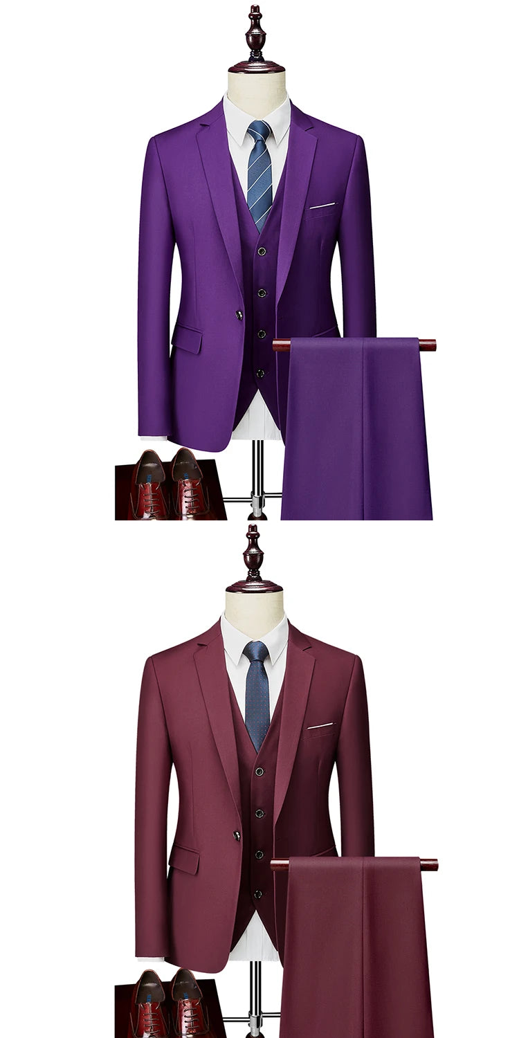 M-6XL 15 Colors ( Jacket+Vest+Pants ) Formal Business Office Men's Suits Groom Wedding Dress Party Dress Solid color Suit