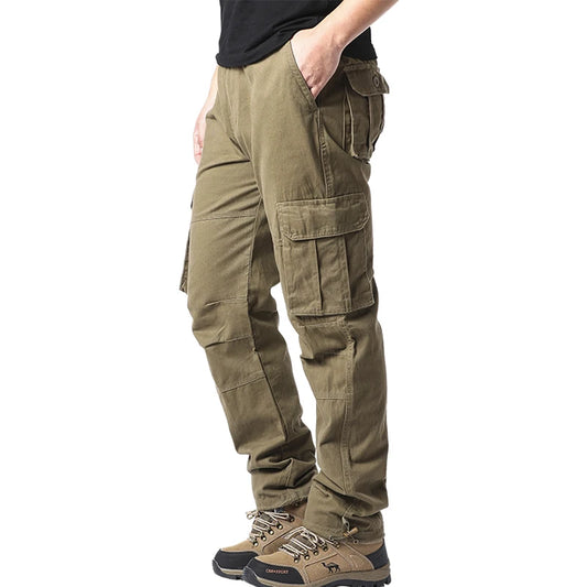 Large Pocket Loose Overalls Men's Outdoor Sports Jogging Tactical Pants Elastic Waist Pure Cotton Casual Work Pants - MANDOTOS