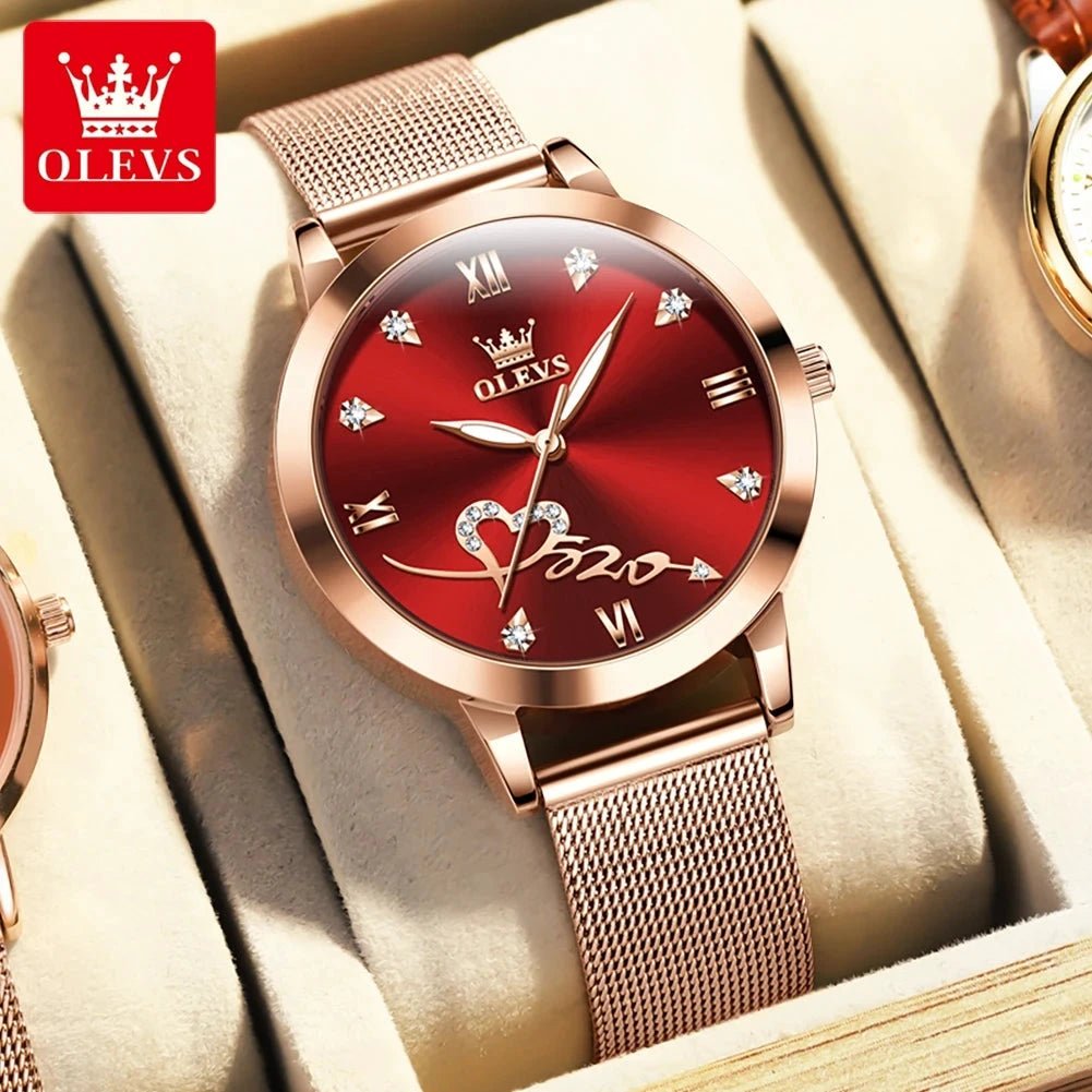 OLEVS Luxury Fashion Ladies' Watches Rose Gold Top Brand Original Quartz Watch for Women Stainless Steel Mesh Strap Love Dial MANDOTOS