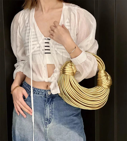 Handbags for Women 2025 New in Gold Luxury Designer Brand Handwoven Noodle Bags Rope Knotted Pulled Hobo Silver Evening Clutch - MANDOTOS