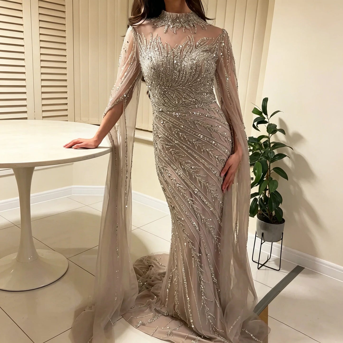 Eshaut&bridal Luxury Beaded Evening Dress Cape Sleeve Dubai Sheer Neck Mermaid Formal Prom Wedding Party Gown Customized 2026