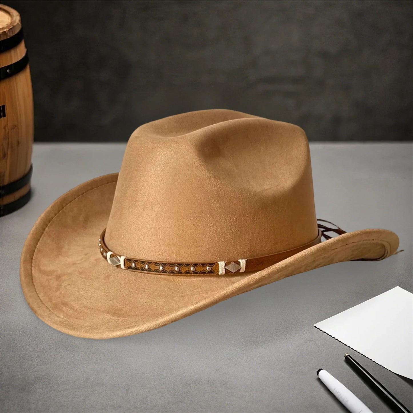 Stylish Unisex Cowboy Hats with Embellished Band Trendy Wide Brim Fedora Caps for Stylish Outdoor Adventures and Travel