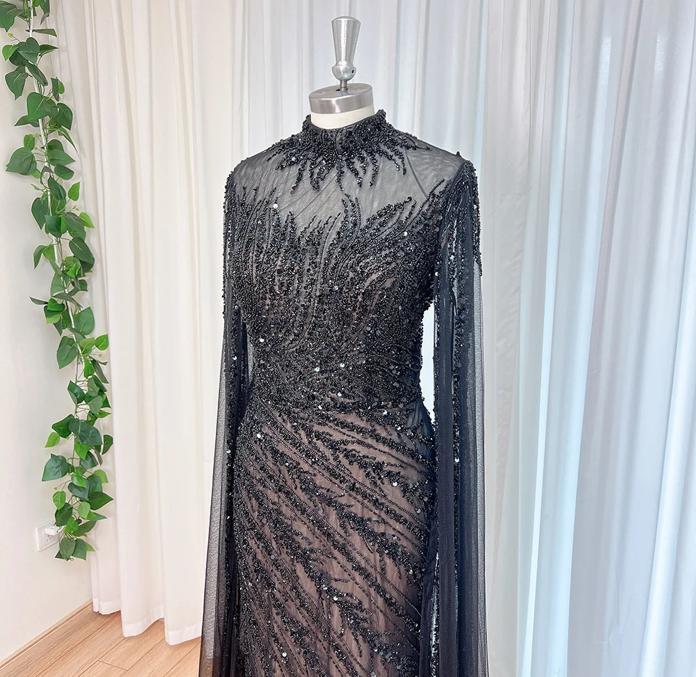 Eshaut&bridal Luxury Beaded Evening Dress Cape Sleeve Dubai Sheer Neck Mermaid Formal Prom Wedding Party Gown Customized 2026