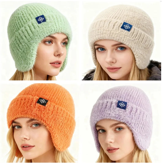 Hot Sale Women Earflap Winter Hat Candy Colors Fashion Faux Fur Knitted Hat Kpop Style Soft Beanie Hats Female Streetwear Cap