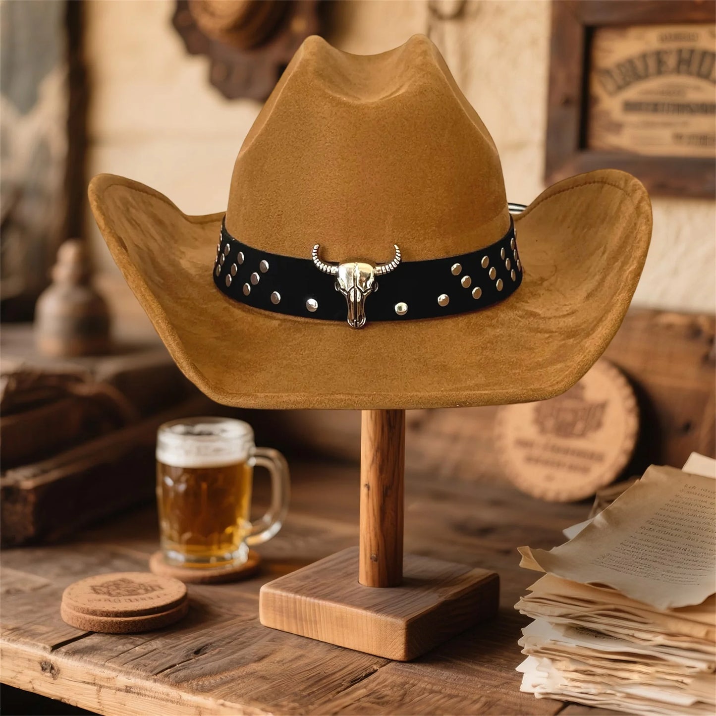 Vintage Style Unisex Cowboy Hat with Bull Head Bead Detail and Wide Brim Fedora for Western Cowgirl Fashionistas
