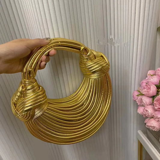Handbags for Women 2025 New in Gold Luxury Designer Brand Handwoven Noodle Bags Rope Knotted Pulled Hobo Silver Evening Clutch - MANDOTOS