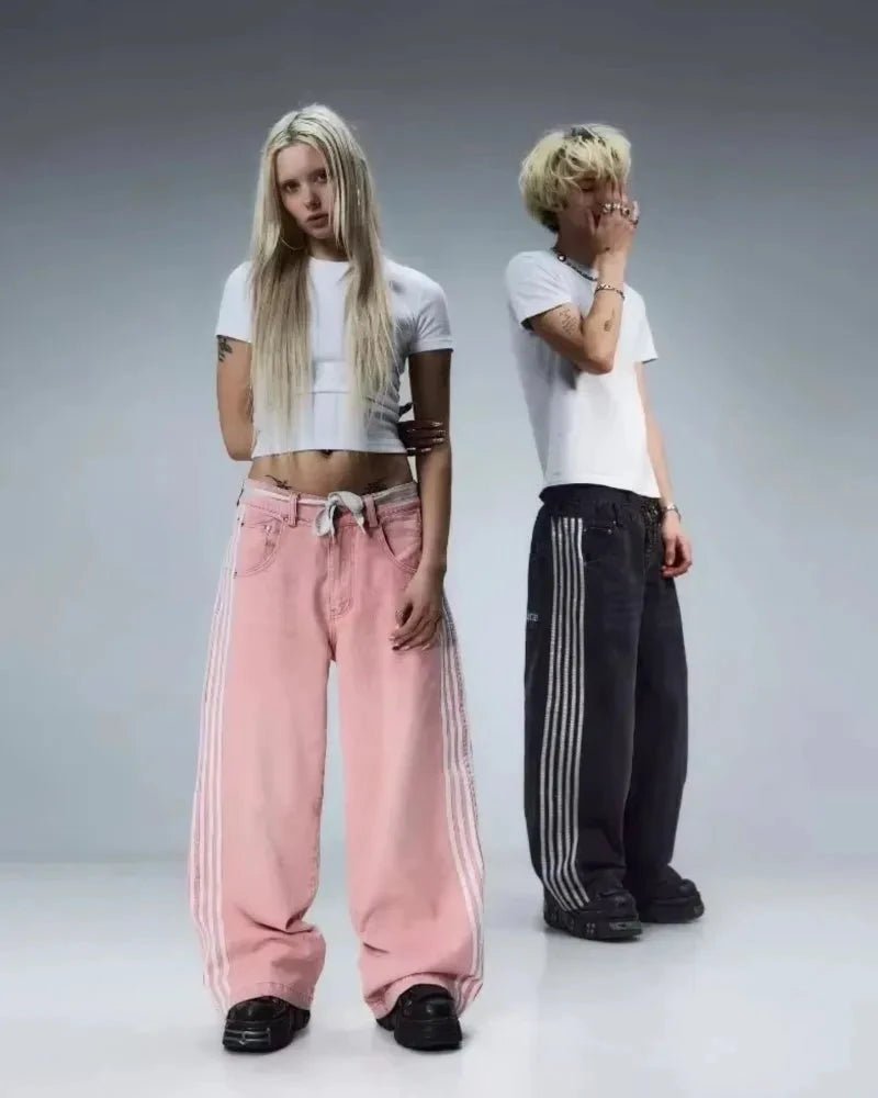 Y2K Baggy Jeans High Quality Embroidered Striped Harajuku Sweatpants Men Women Hip Hop Streetwear Casual Mopping Wide Leg Denim MANDOTOS