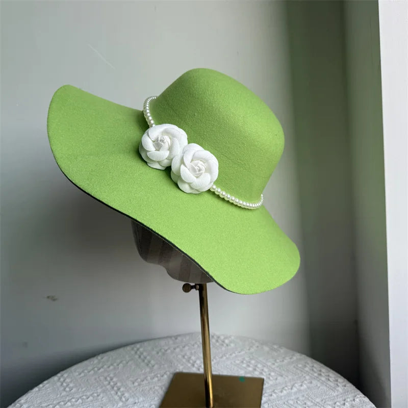 Women's Hats French Style Fedora Hat for Women 10CM Wide Brim Flat Top Felt Hat Winter Autumn Derby Wedding Jazz Hats