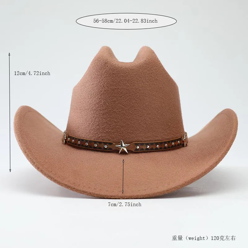 New denim hats for men and women, Western cowboy hats, five pointed star belt hats, soft woolen hats