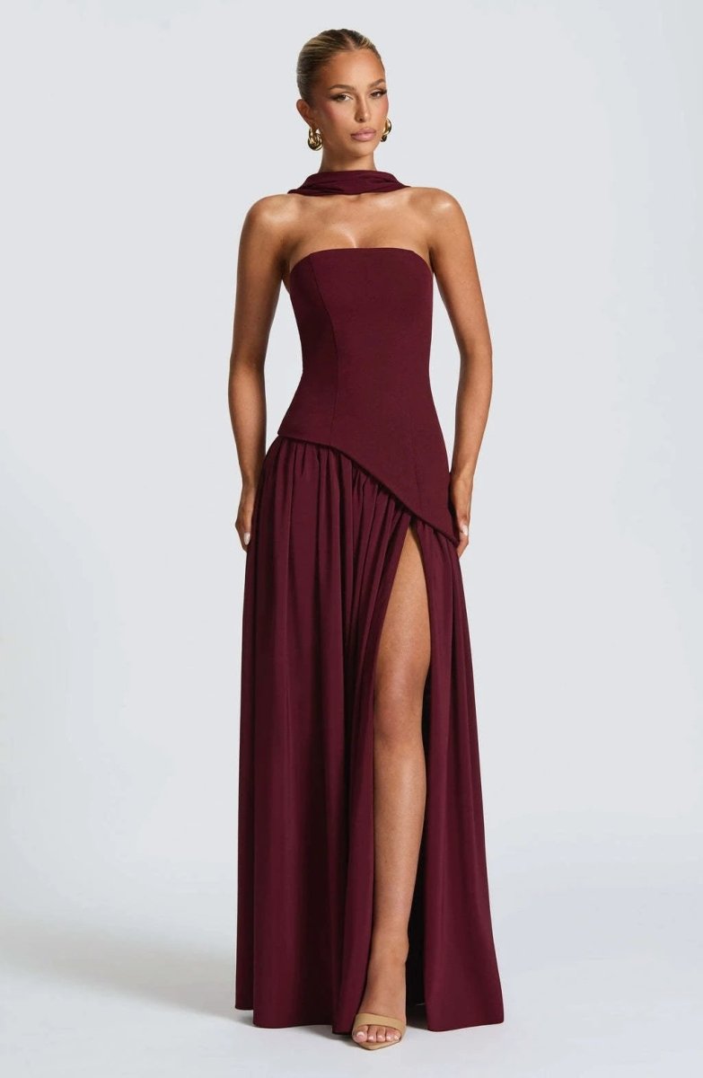 Cherry Lacquer Maliyah Maxi Dress with Chiffon Skirt & Scarf - MANDOTOS