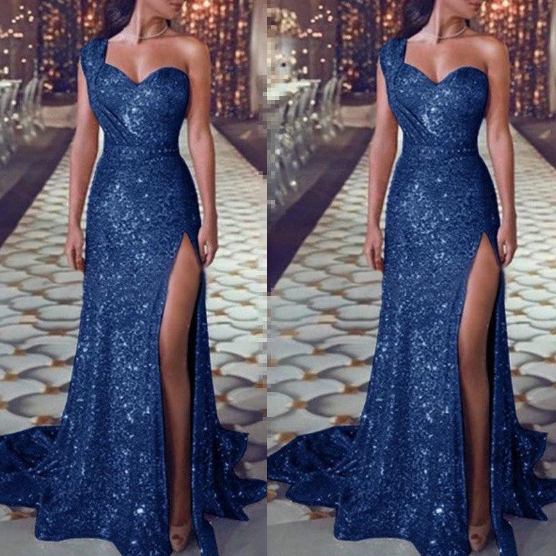 Women's Clothing One-shoulder Sleeveless Bronzing Split Dress MANDOTOS