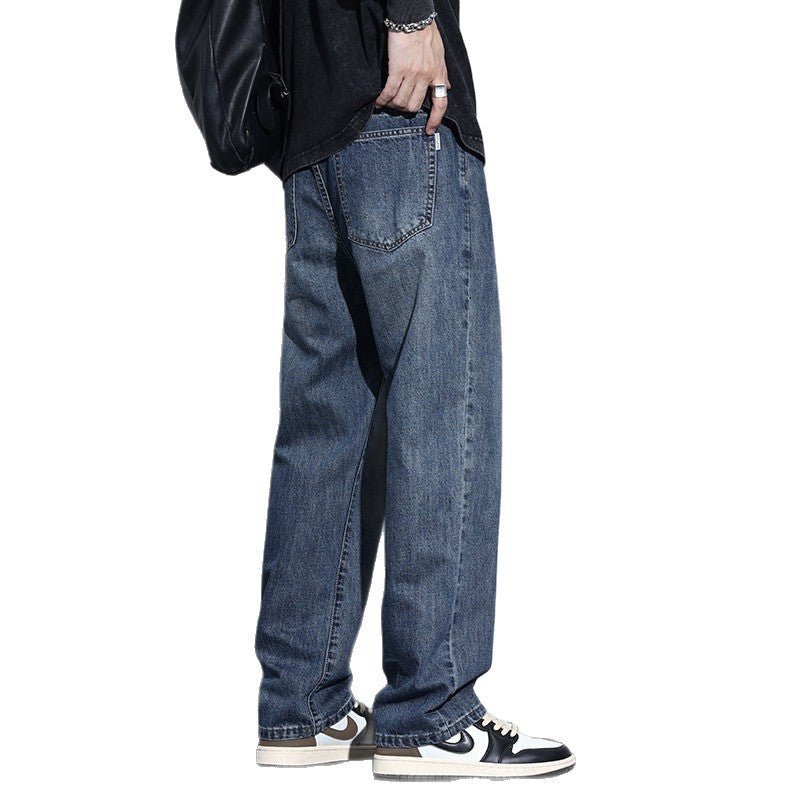 Fleece-lined American-style retro men's straight-leg denim pants in blue