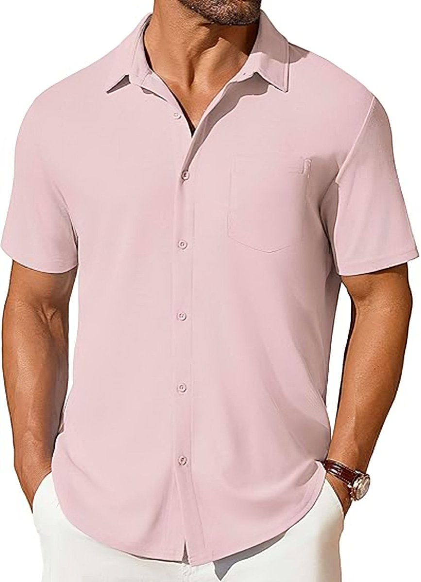 Men's short-sleeve wrinkle-resistant button-up shirt in pale pink by Ancient Energy