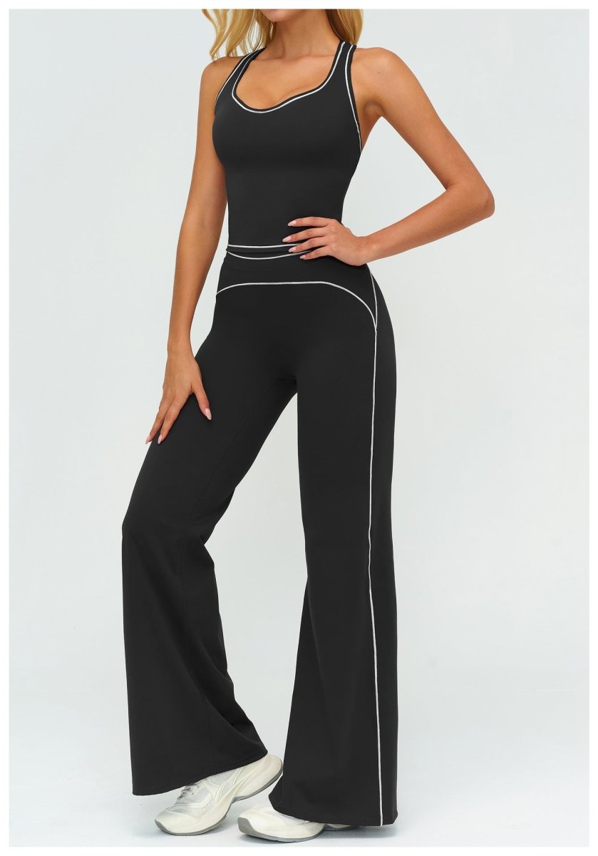 Womens yoga set 2-piece: black sleeveless V-neck top with white piping and matching slim straight pants