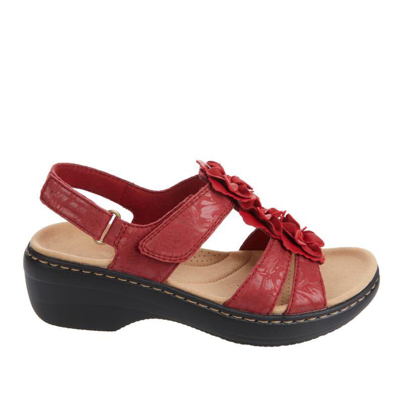 Ancient Energy red hollow wedge heel fish-mouth sandals with floral front strap and adjustable ankle strap, size 43.