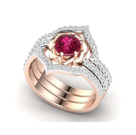 Rose Gold Flower Ring - Exquisite Engagement Wedding Band Set - MANDOTOS