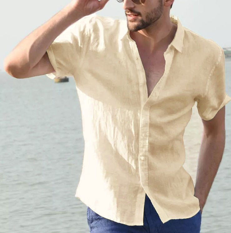 Summer short-sleeved men's shirt by Ancient Energy, beige linen-style fabric, casual button-down