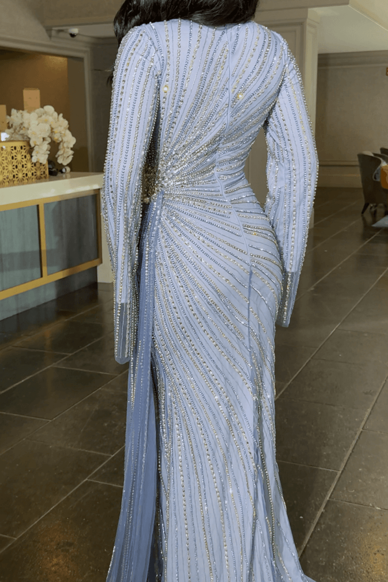 Abira Sequin Modest Neckline Long Sleeve Embellished Dress With Side Skirt - MANDOTOS INTERNATIONALDresses