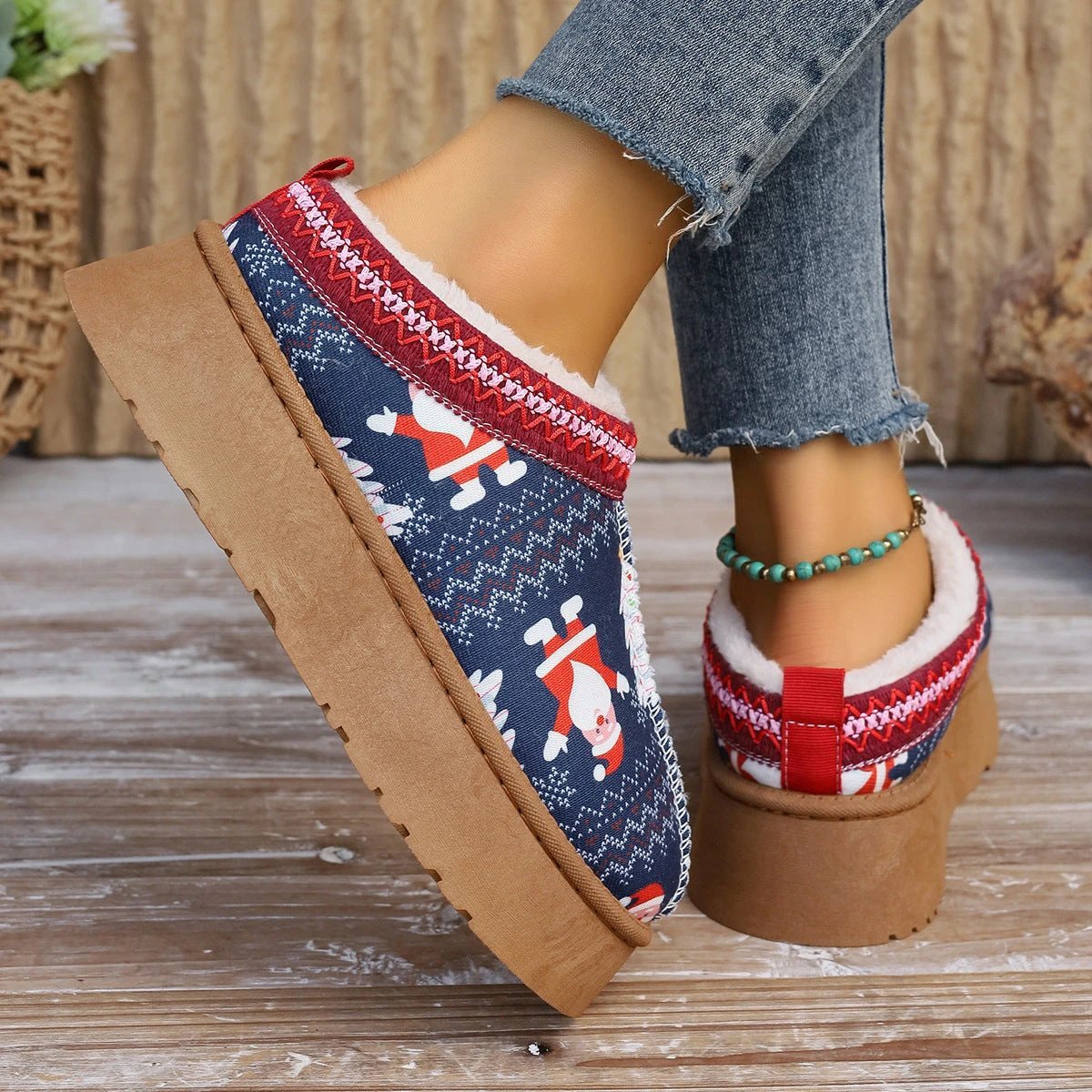 Mandotos Christmas Cartoon Print Plush Lined Slip On Navy Ankle Boots For Women Indoor Home Shoes - MANDOTOS
