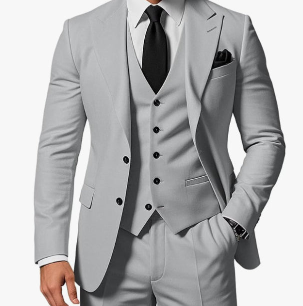 New Mens Three-piece Business Suit by Ancient Energy in light gray with vest, white shirt and black tie