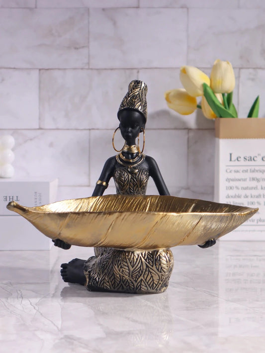 African Girl Holding a Plate Sculpture, Home and Office Decorative Storage Ornament, Vintage Collectible Craft Deskt Decor - MANDOTOS INTERNATIONAL
