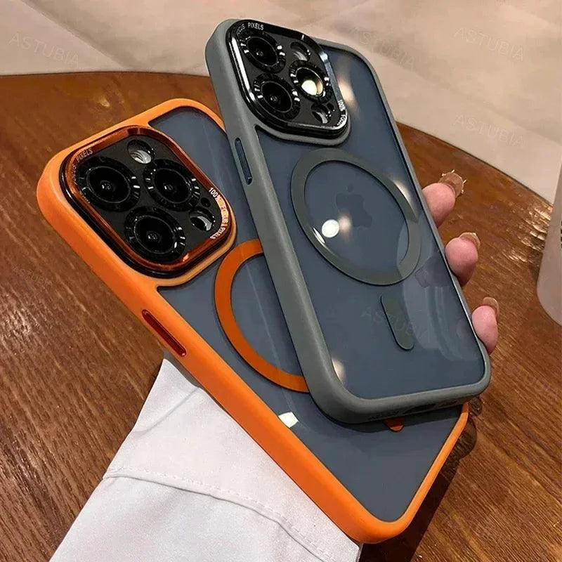 Luxury Magnetic Metal Lens Bumper Protection Case For iPhone 16 15 14 13 12 11 Pro Max 16 Plus Wireless Charge Hard Clear Cover - MANDOTOS