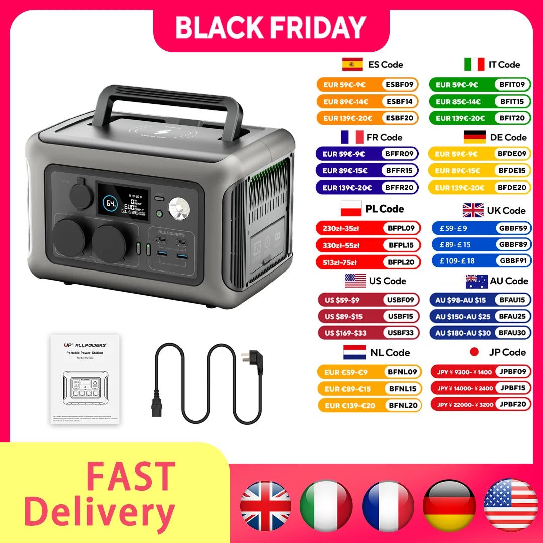 ALLPOWERS R600 Portable Power Station with 299Wh LiFeP04 Battery & 2x 600W AC Outlets - MANDOTOS INTERNATIONAL