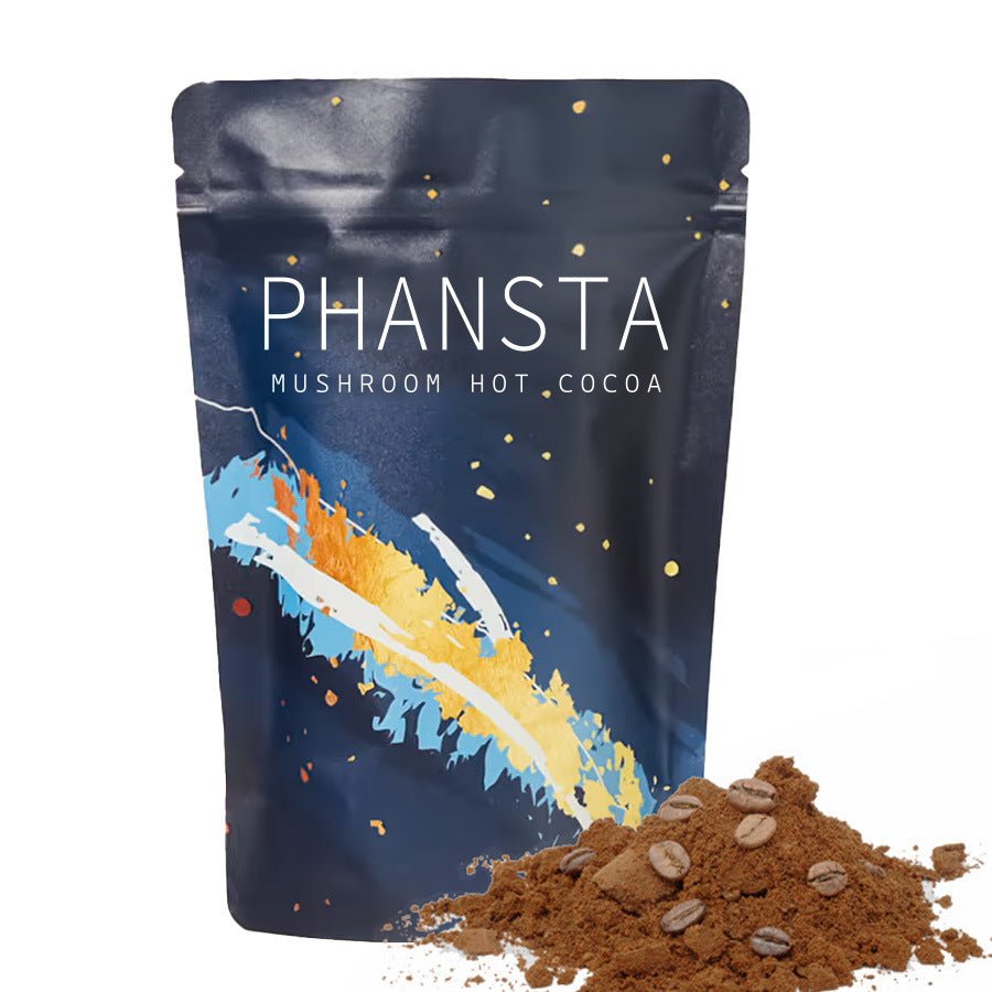 Ancient Energy Cocoa Ground Coffee in a jar, showing rich brown powder with a scoop for brewing and tasting.